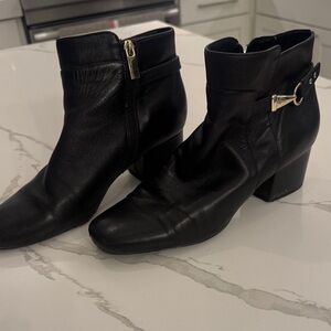 Black Leather Ankle Boots with Buckle Detail - Women's
